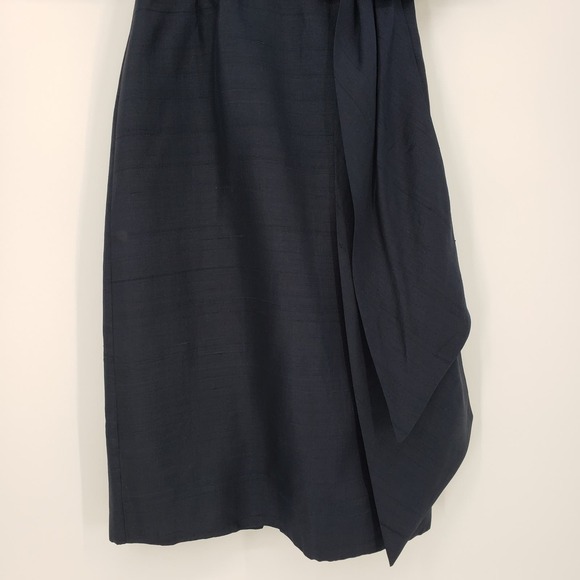 Vintage Miss Elliette Silk Shantung Wiggle Dress 00 Sheath Belted Bateau Navy - Picture 5 of 9
